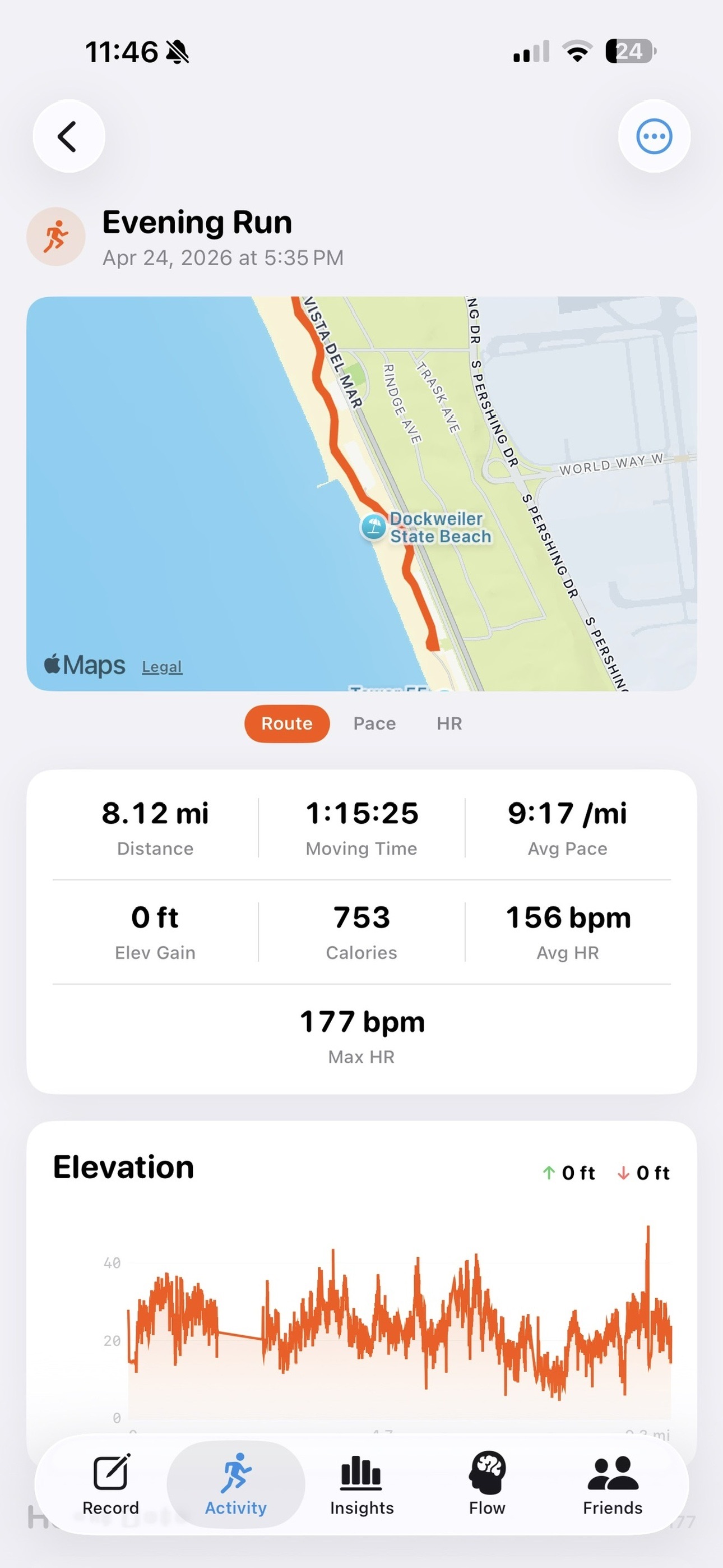 StatsKey run detail showing a recorded route on a map, distance, pace, heart rate, and elevation